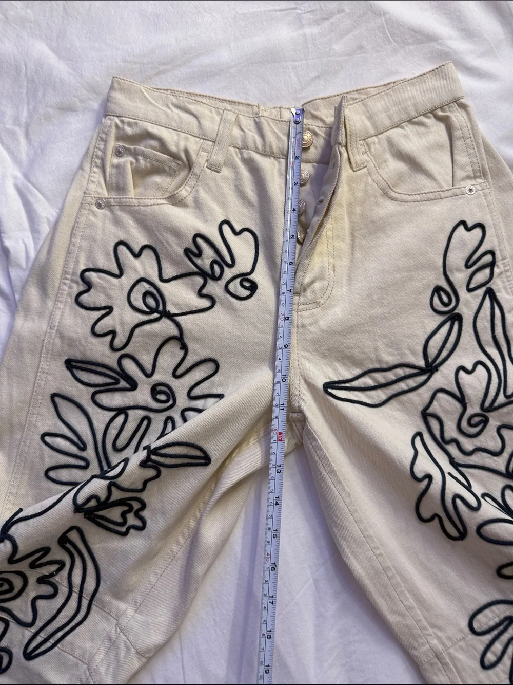 We The Free Cream Jeans with Black Floral Outline Embroidery - Picture 4 of 16